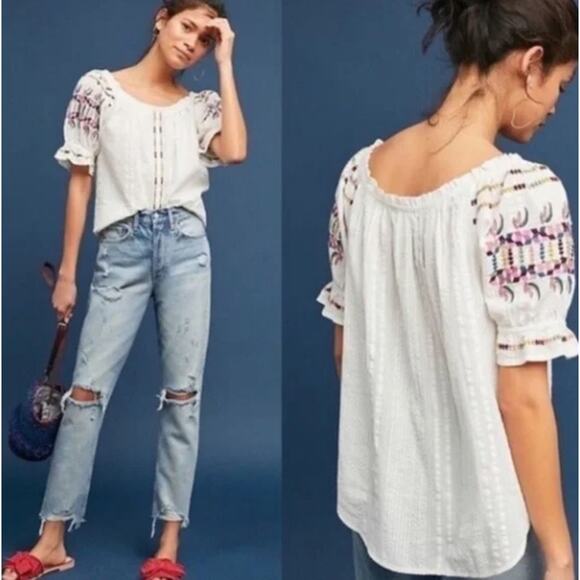 ANTHROPOLOGIE x AKEMI + KIN Pajaro Embroidered Blouse White Sz 12 {GG31} - Picture 2 of 6